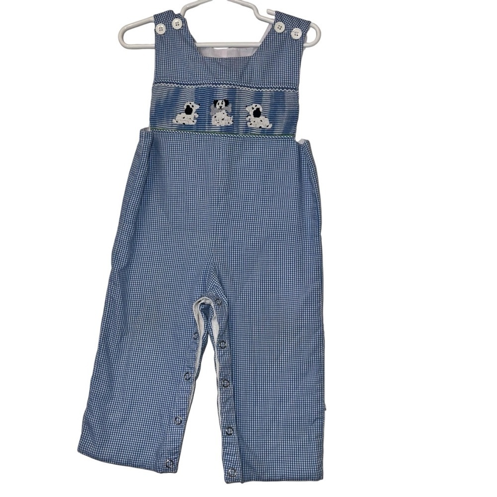 Mom & Me Dalmatian smocked Blue Checkered boys longall Overalls 12m